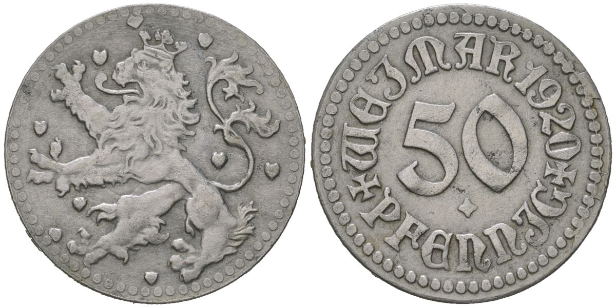 Веймар (Саксен-Веймар-Эйзенах) 50 пфеннигов 1920 Funck 586.6, Men05 26303.7, Men18 33100.7 железо 4591-212 