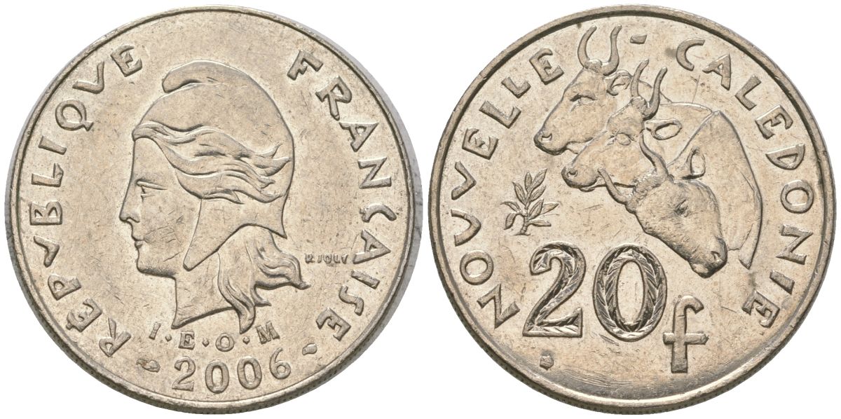 Французская Новая Каледония 20 франков 2006 три быка, (IEOM) KM 12a, Schoen 14a, Lec 115j медно-никель 4131-733