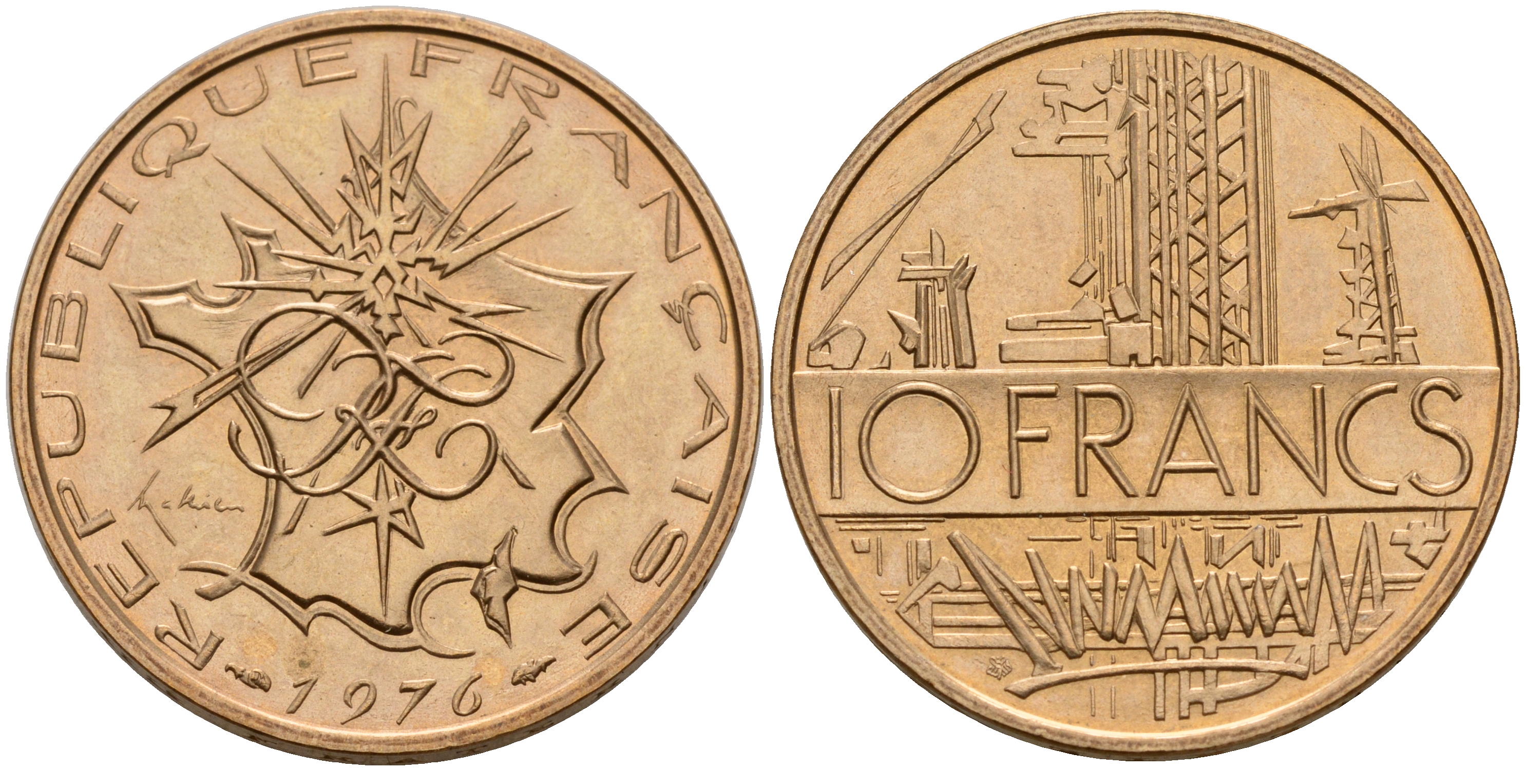 Франция 10 франков 1976 тип Матье KM 940, Le Franc 365.7-8 никель латунь  UNC  4187-327