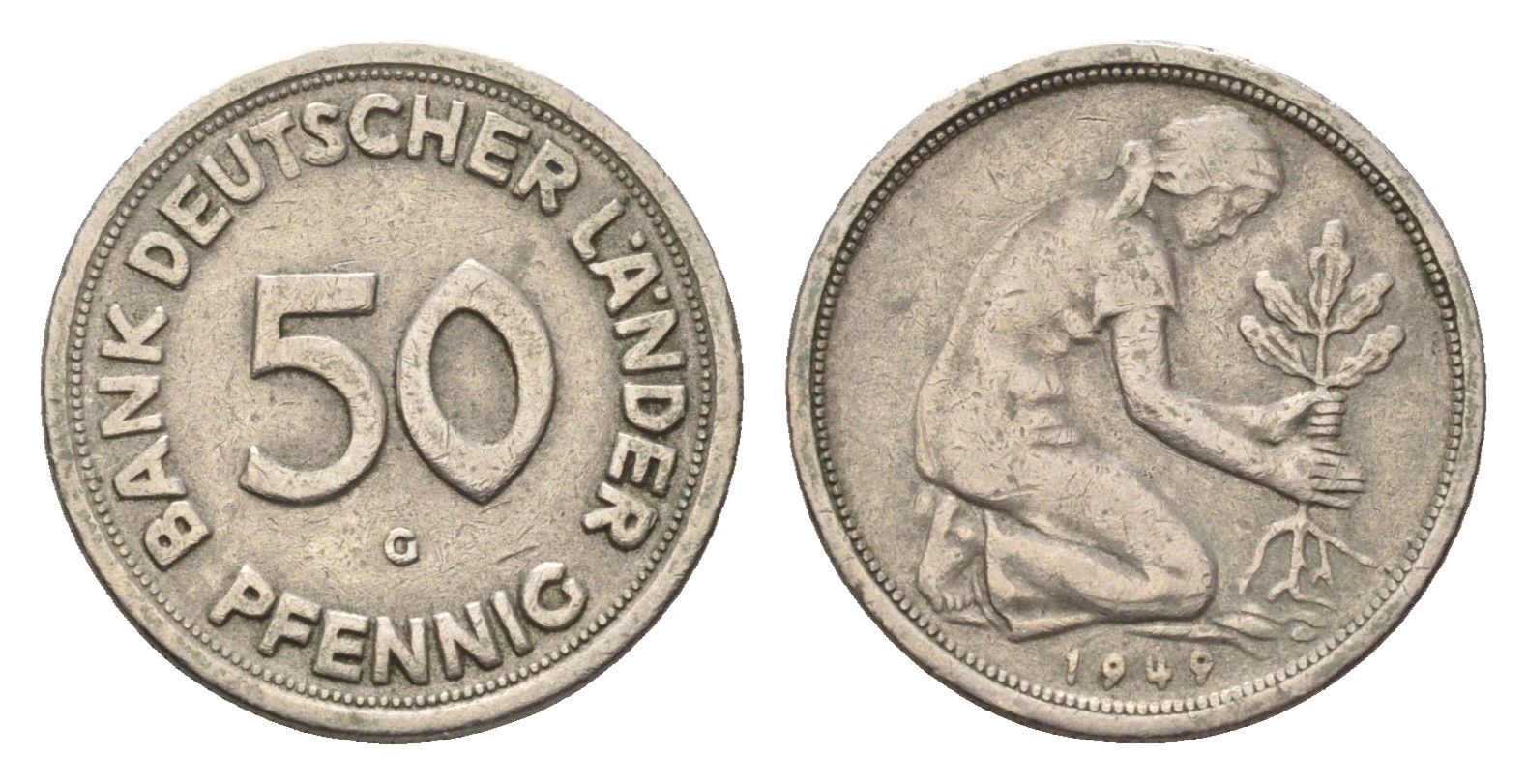 ФРГ 50 пфеннигов 1949 G KM 104, J. 379 медно-никель 4685-446