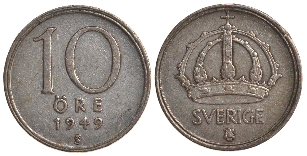 Швеция 10 эре 1949 TS, Густав V (1907-1950) KM 813 серебро 4179-546
