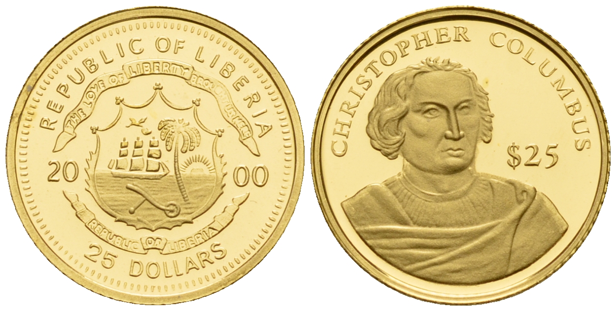 Либерия 25 долларов 2000 Христофор Колумб  золото  PROOF  00-815-19