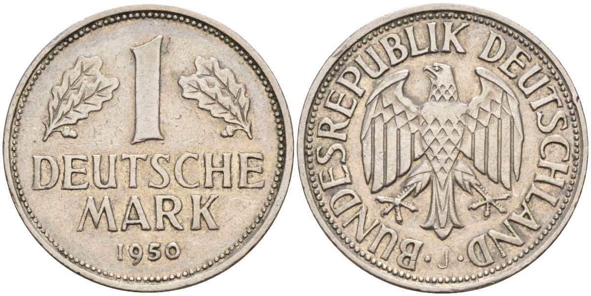 ФРГ 1 марка 1950 J KM 110, J. 385 медно-никель 4177-835