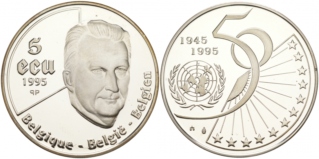 Бельгия 5 экю 1995 50 лет ООН, Король Альберт II KM 200 серебро PROOF 11-037-45