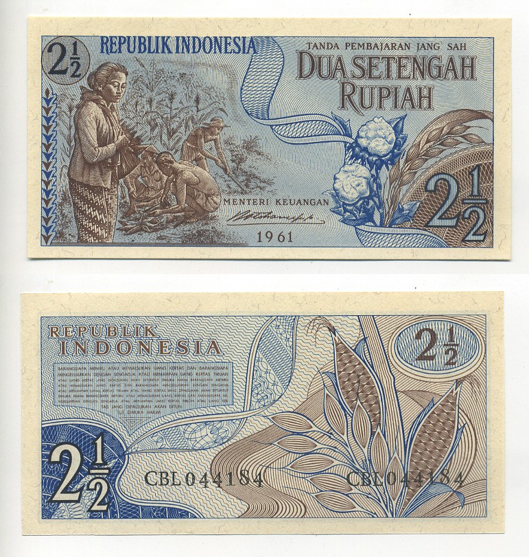 ИНДОНЕЗИЯ 2 1/2 РУПИИ 1961 Pick 79 бумага UNC (ПРЕСС) 6317-25-4