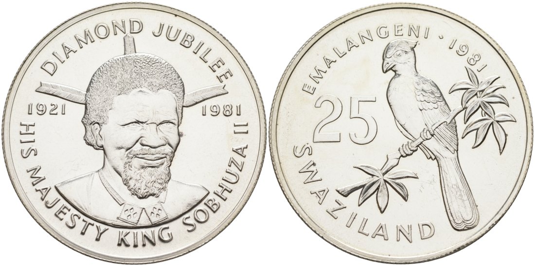 Свазиленд 25 емалангени 1981 брильянтовый юбилей короля, птичка на ветке KM 34 серебро UNC 00-00