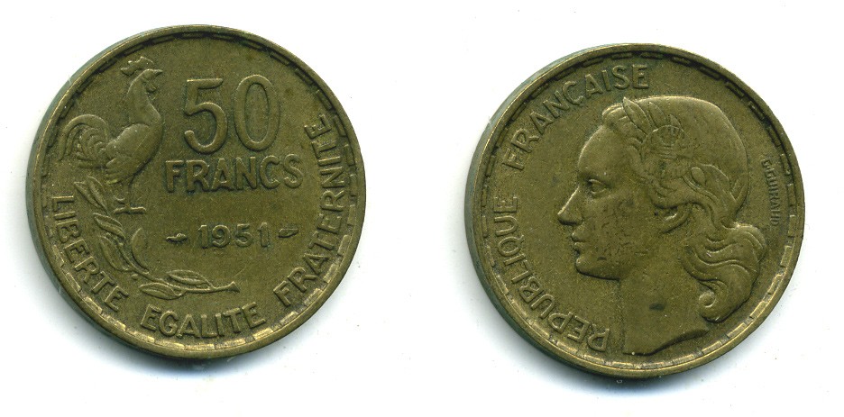 ФРАНЦИЯ 50 ФРАНКОВ 1951 ПЕТУХ KM 918.1, LE FRANC 425.5 алюминиевая бронза 84-834