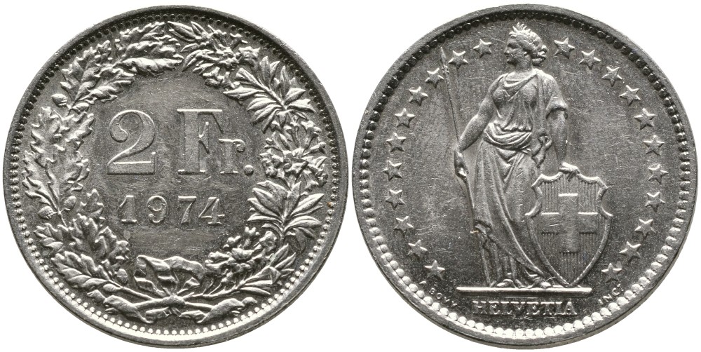 ШВЕЙЦАРИЯ 2 ФРАНКА 1974 KM 21а.1 медно-никель 4538-153