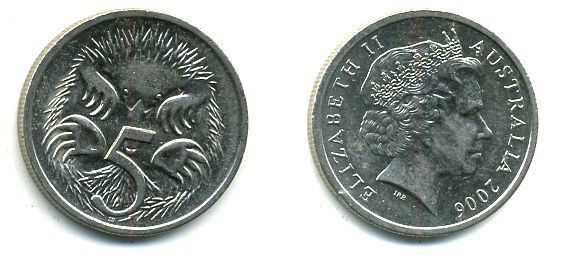 АВСТРАЛИЯ 5 ЦЕНТОВ 2006 ЕЛИЗАВЕТА II, ТРЕТИЙ ПОРТРЕТ, ЕХИДНА KM 401 медно-никель 46-2259