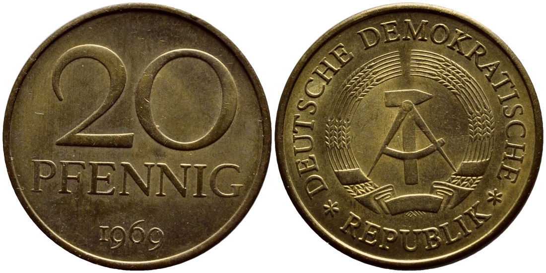 ГДР 20 пфеннигов 1969 А, первый год KM 11 латунь UNC 4398-1053