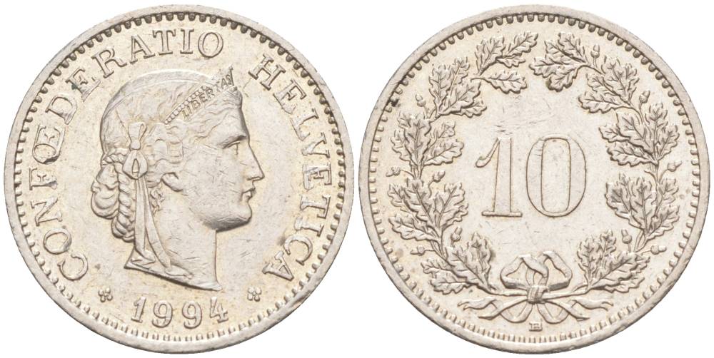 ШВЕЙЦАРИЯ 10 РАППЕНОВ 1994 В KM 27 медно-никель 55-537