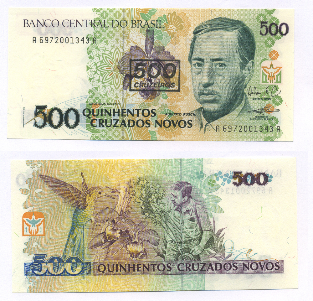 Бразилия 500 крузейро ND (1990) надпечатка на 500 крузадо новых, Аугусто Руши - Бразильский биолог Pick 226 b бумага UNC (пресс) 7552-39-2