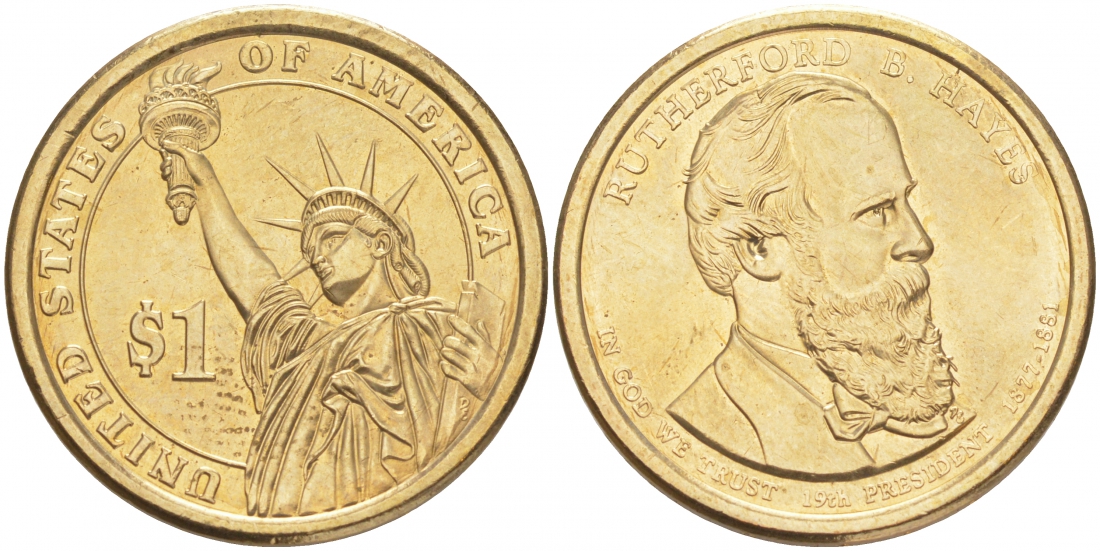 США 1 ДОЛЛАР 2011 D, СЕРИЯ ПРЕЗИДЕНТЫ США - РЕТЕРФОРД ХЕЙЗ (1877-1881) KM 501 медь с марганцево-латунным покрытием UNC M31-14