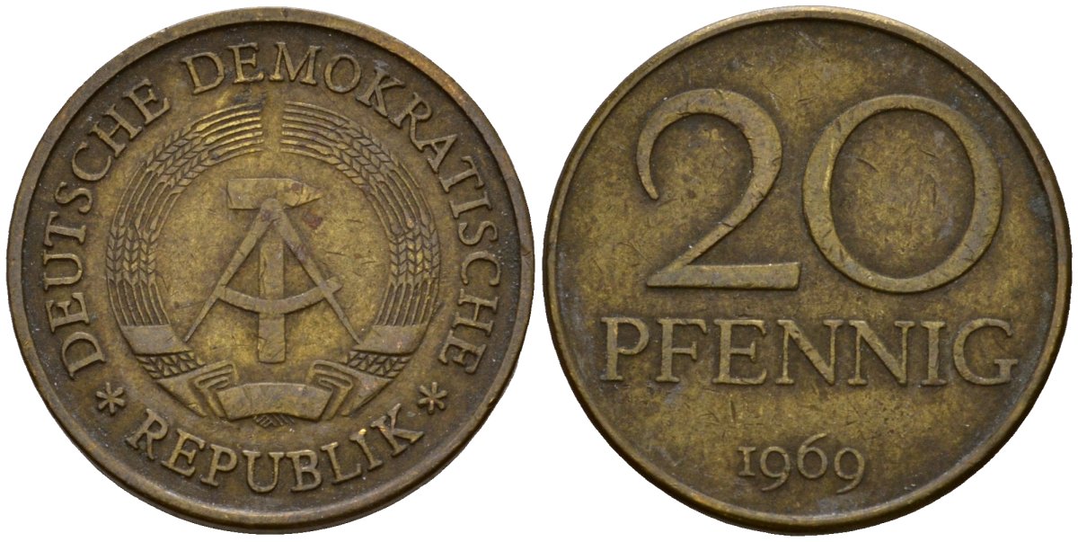 ГДР 20 пфеннигов 1969 А, первый год KM 11 латунь 4601-521
