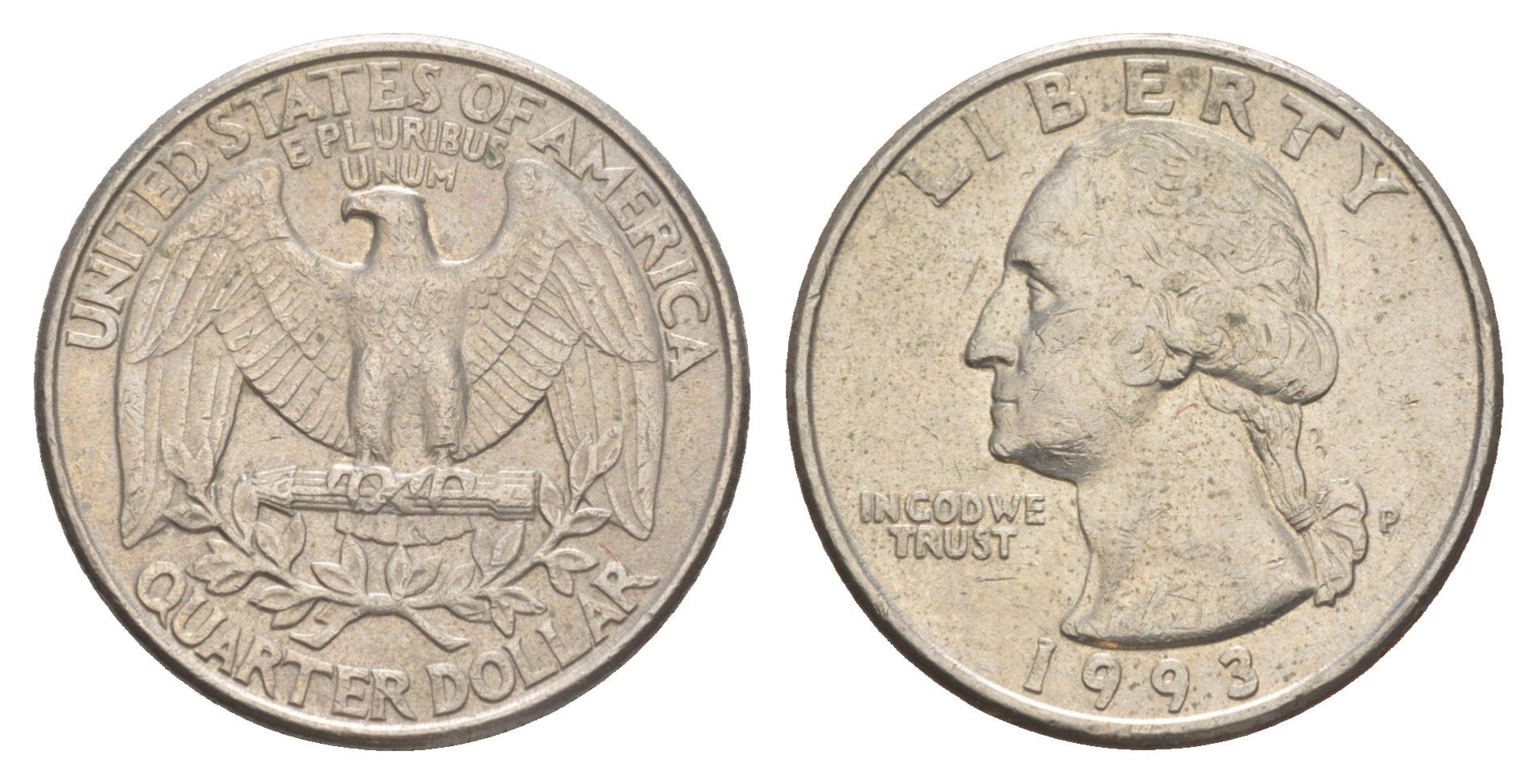 США 25 центов = квотер = 1/4 доллара 1993 P, Джордж Вашингтон KM 164a медь плакированная медно-никелем 4652-452