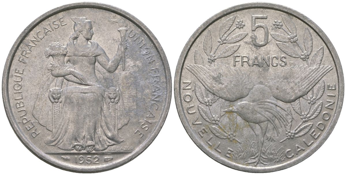 Французская Новая Каледония 5 франков 1952 птица кагу, (IEOM) KM 4, Schoen 4, Lec 71 алюминий 180-325