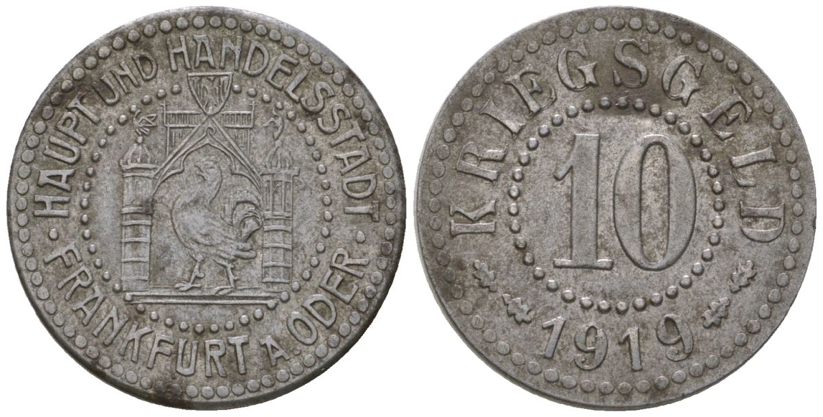 Франкфурт-на-Одере (Пруссия, Бранденбург) 10 пфеннигов 1919 Funck 137.2, Men05 7479.2, Men18 9402.2 железо 4603-937