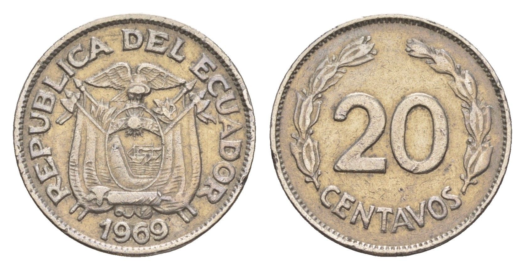 Эквадор 20 сентаво 1969 KM 77.1c сталь плакированная никелем 4640-1231