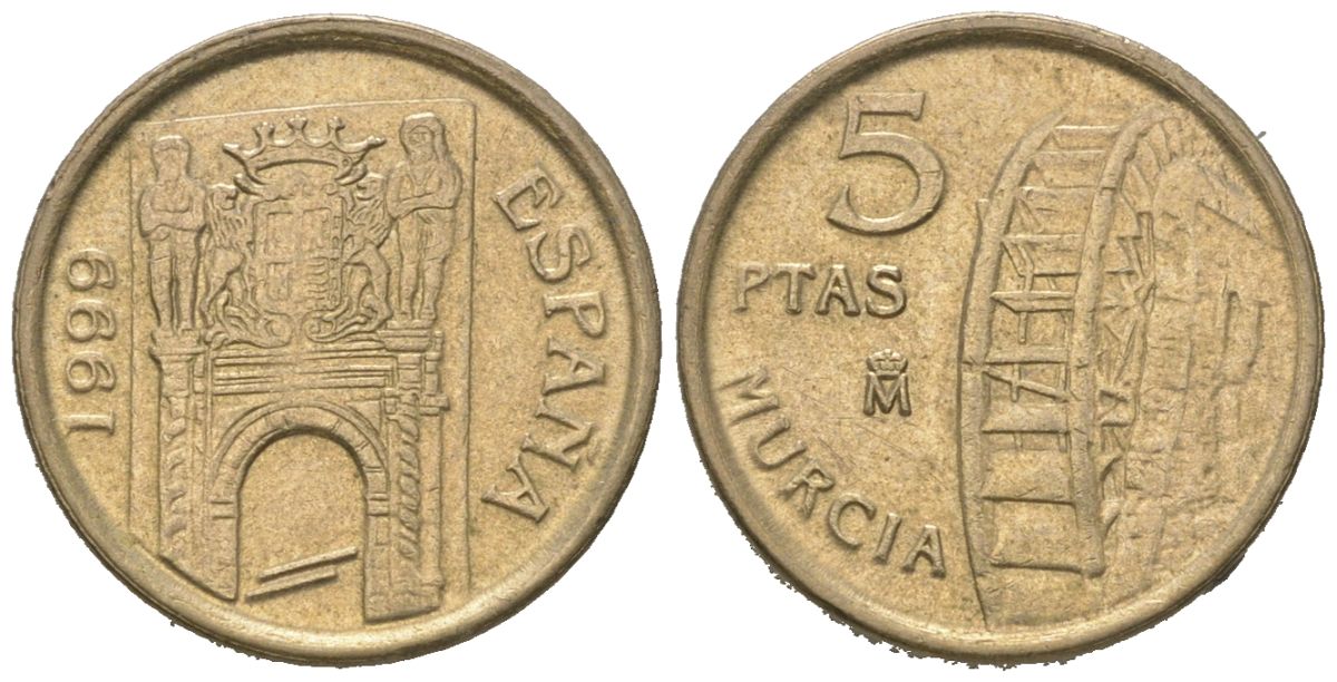 Испания 5 песет 1999 M, Хуан Карлос I (1975-2014), Мурсия KM 1008 алюминиевая бронза 4580-544