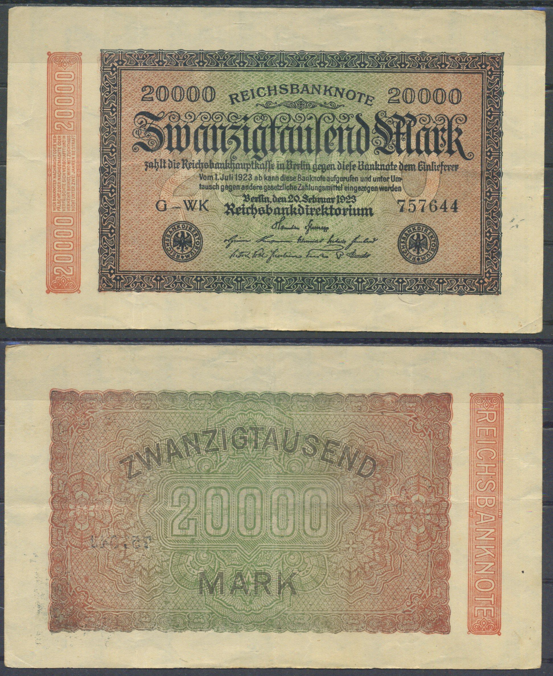 Германия 20000 марок 1923 Pick 85 b бумага 6287-6-1-1