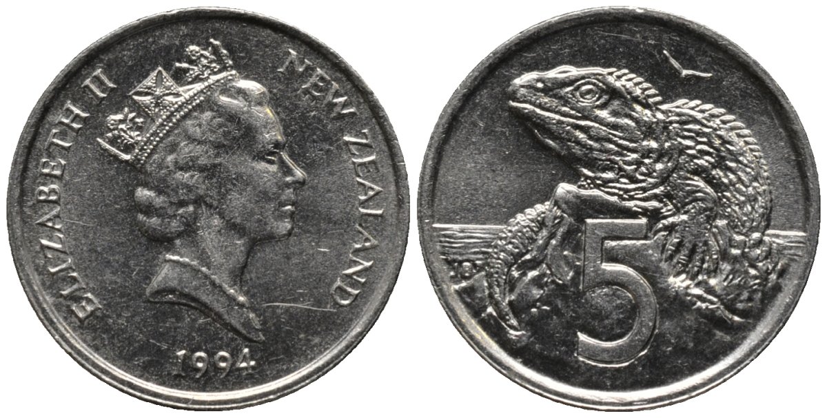 Новая Зеландия 5 центов 1994 Елизавета II (1952-2022), ящерица гаттерия KM 60 медно-никель 105-1152