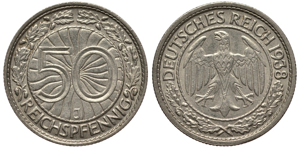 Германия 50 рейхспфеннигов 1933 J, цена по каталогу МТ 180 евро J. 324, KM 49 никель 413-3734