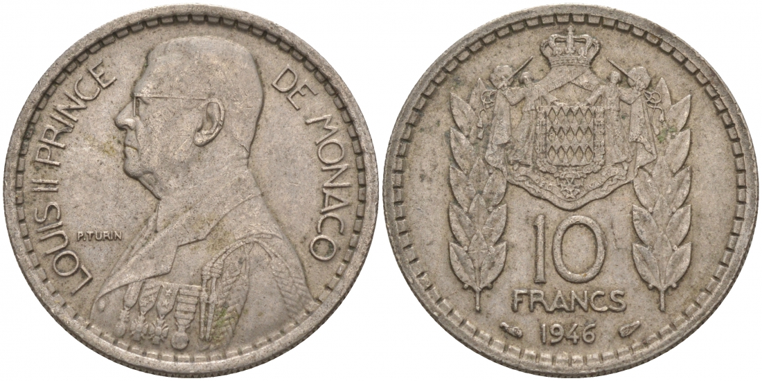 Монако 10 франков 1946 Луи II (1922-1949) KM 123 медно-никель 73-1653