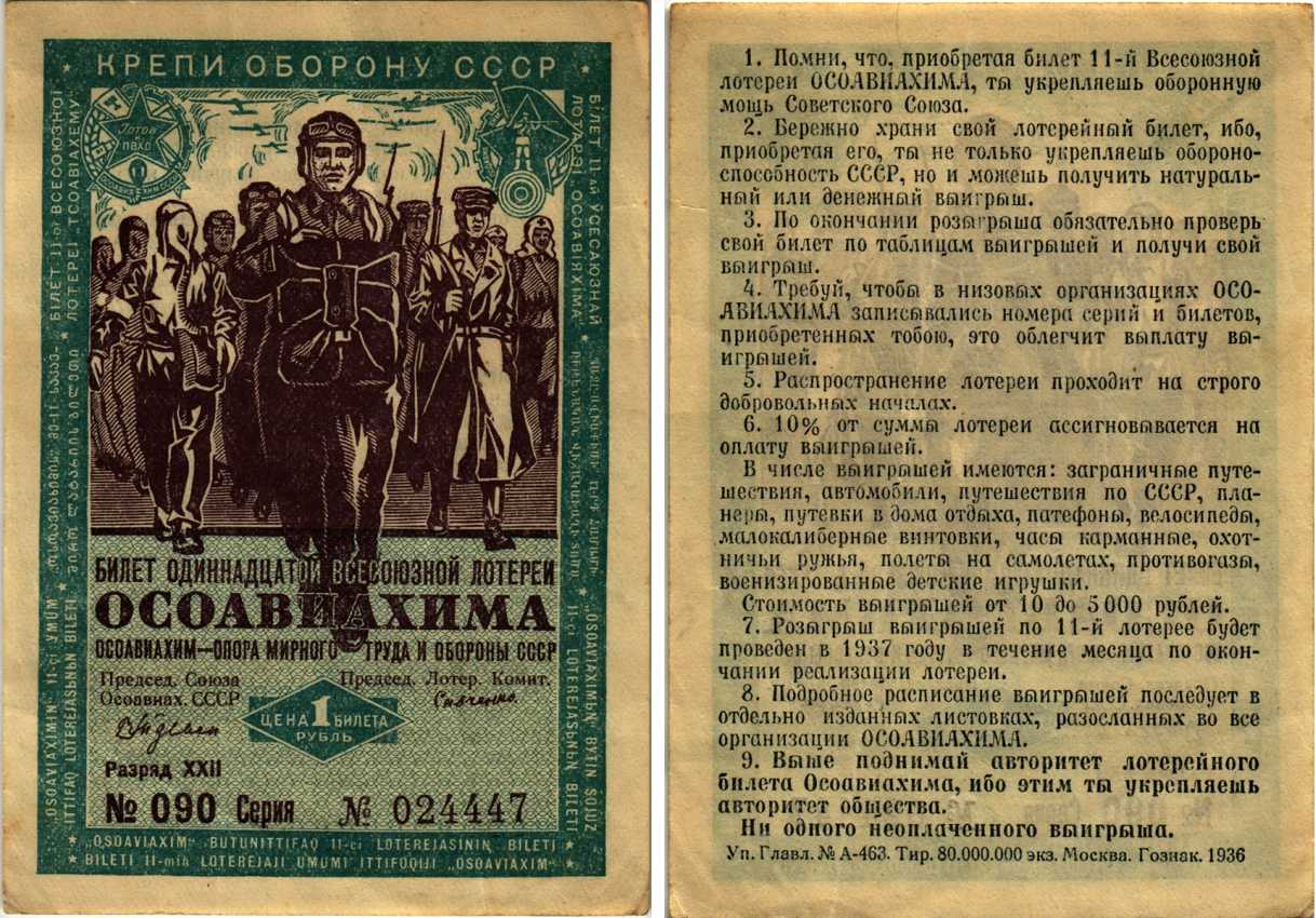 СССР 1 РУБЛЬ 1936 ОДИННАДЦАТАЯ ВСЕСОЮЗНАЯ ЛОТЕРЕЯ ОСОАВИАХИМА бумага 7214-57-1-2