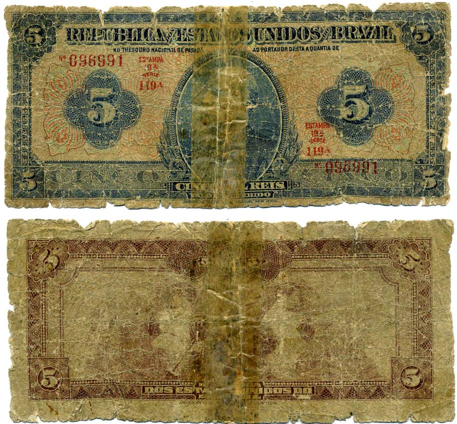 БРАЗИЛИЯ 5 МИЛ РЕЙС (5000 РЕЙС) 1925 СЕРИЯ 119А, ESTAMPA 19A, BRAZIL Pick 29a бумага G-F 6278-19-1