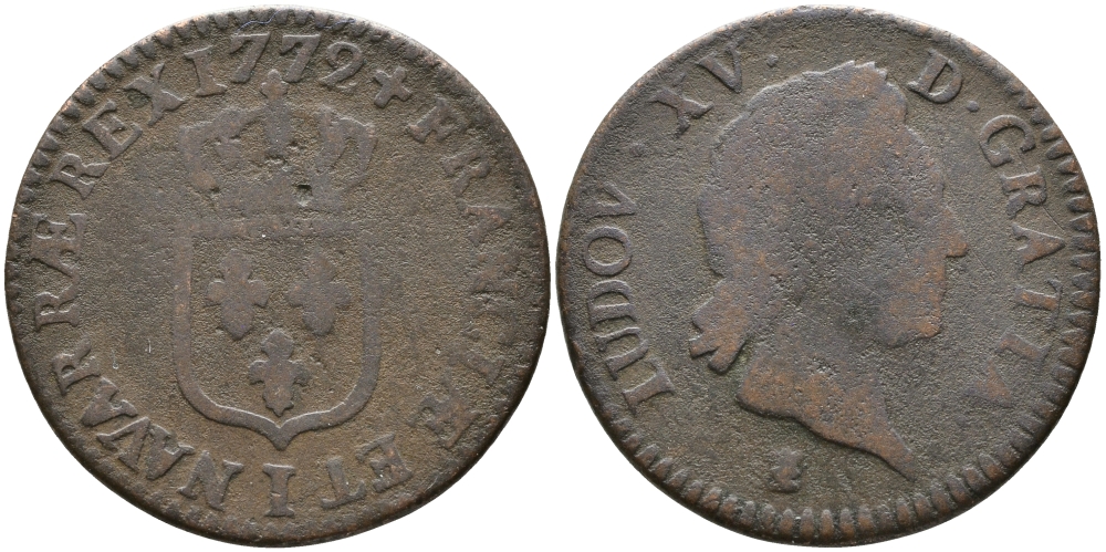 ФРАНЦИЯ 1 СУ 1772 ЛЮДОВИК XV (1715-1774) KM 545 медь 28-932