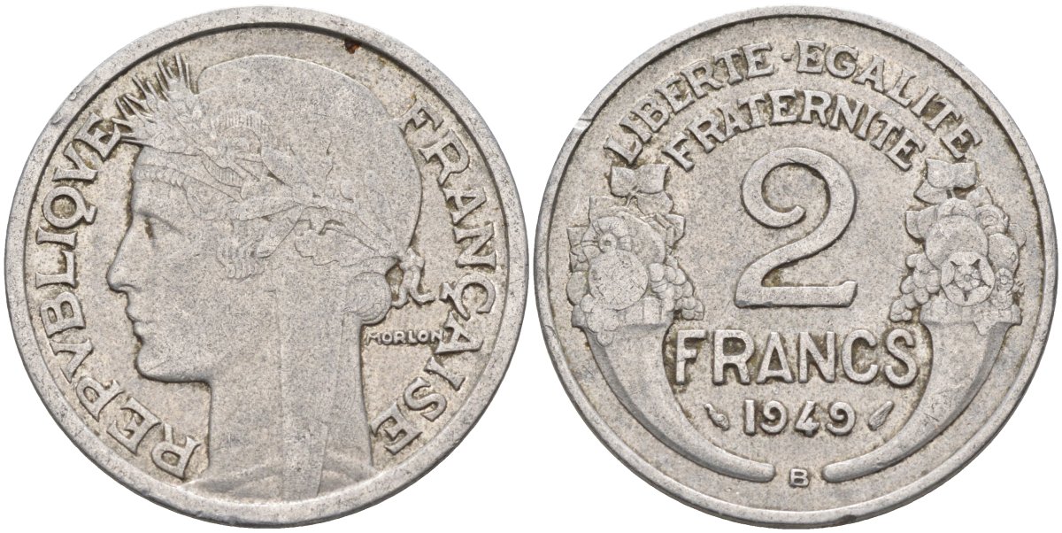 Франция 2 франка 1949 В, тип Morlon KM 886а.2, Le Franc 269.15 алюминий 4126-916