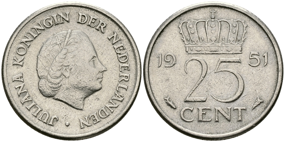 Нидерланды 25 центов 1951 Юлиана (1949-1980) KM 183 никель 96-123