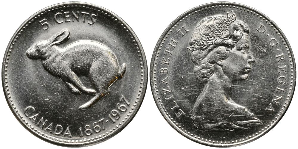 КАНАДА 5 ЦЕНТОВ 1967 100 ЛЕТ КОНФЕДЕРАЦИИ, ЗАЯЦ, ЕЛИЗАВЕТА II (1952-), ПРОБА 800 KM 66 никель 3336-241