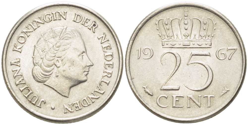 НИДЕРЛАНДЫ 25 ЦЕНТОВ 1967 ЮЛИАНА (1948-1980) KM 183 никель 214-947