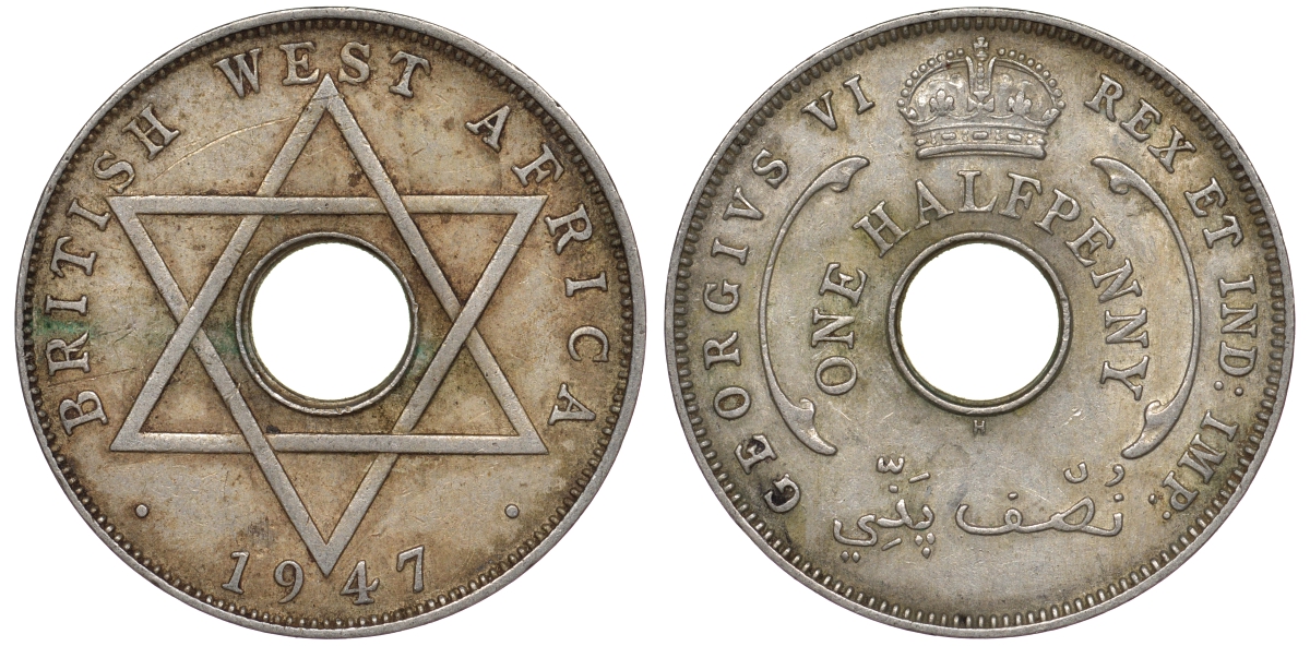 Британская Западная Африка 1/2 пенни 1947 H, Георг VI KM 18 медно-никель 25-1313