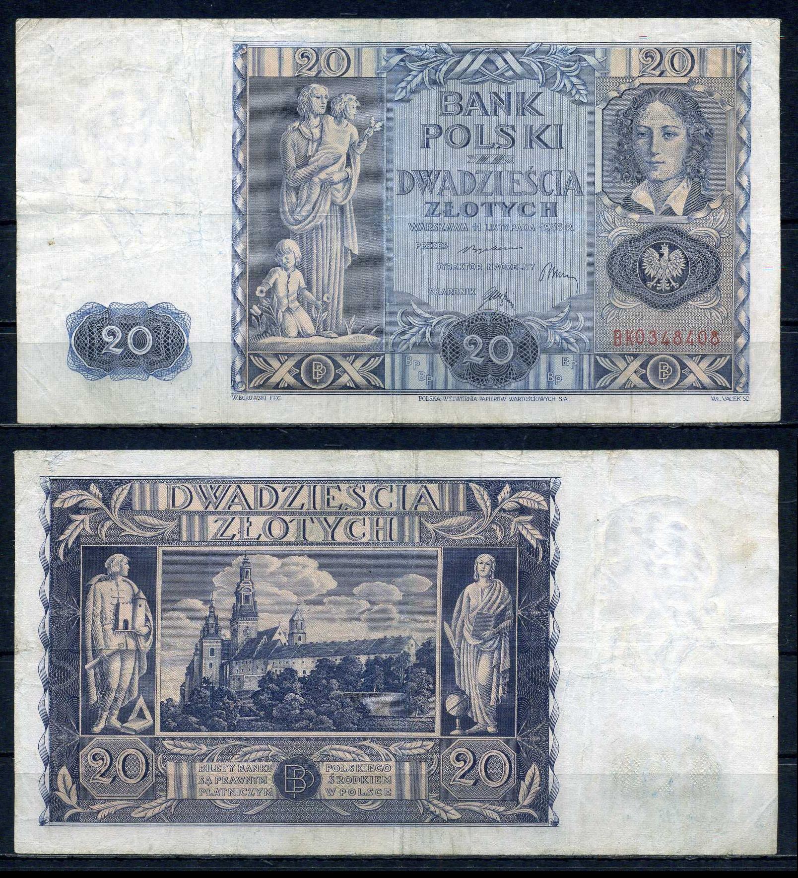 Польша 20 злотых 1936 Pick 77 бумага 7552-10-2-2