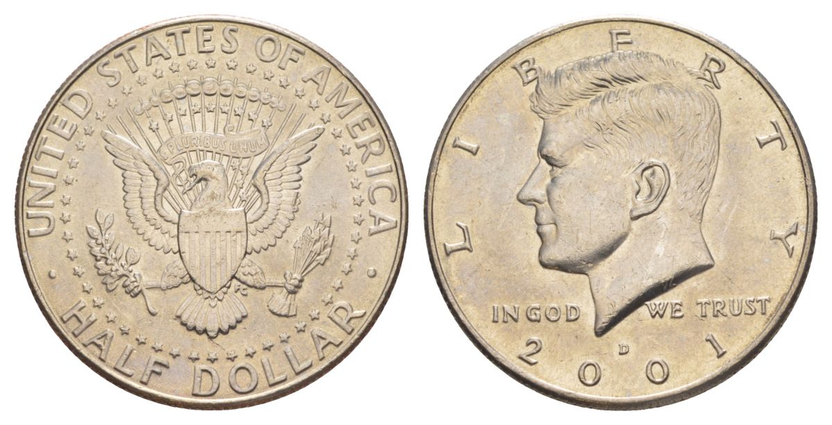 США 1/2 доллара (50 центов) 2001 D, Джон Кеннеди KM A202b медь плакированная медно-никелем aUNC 4517-326