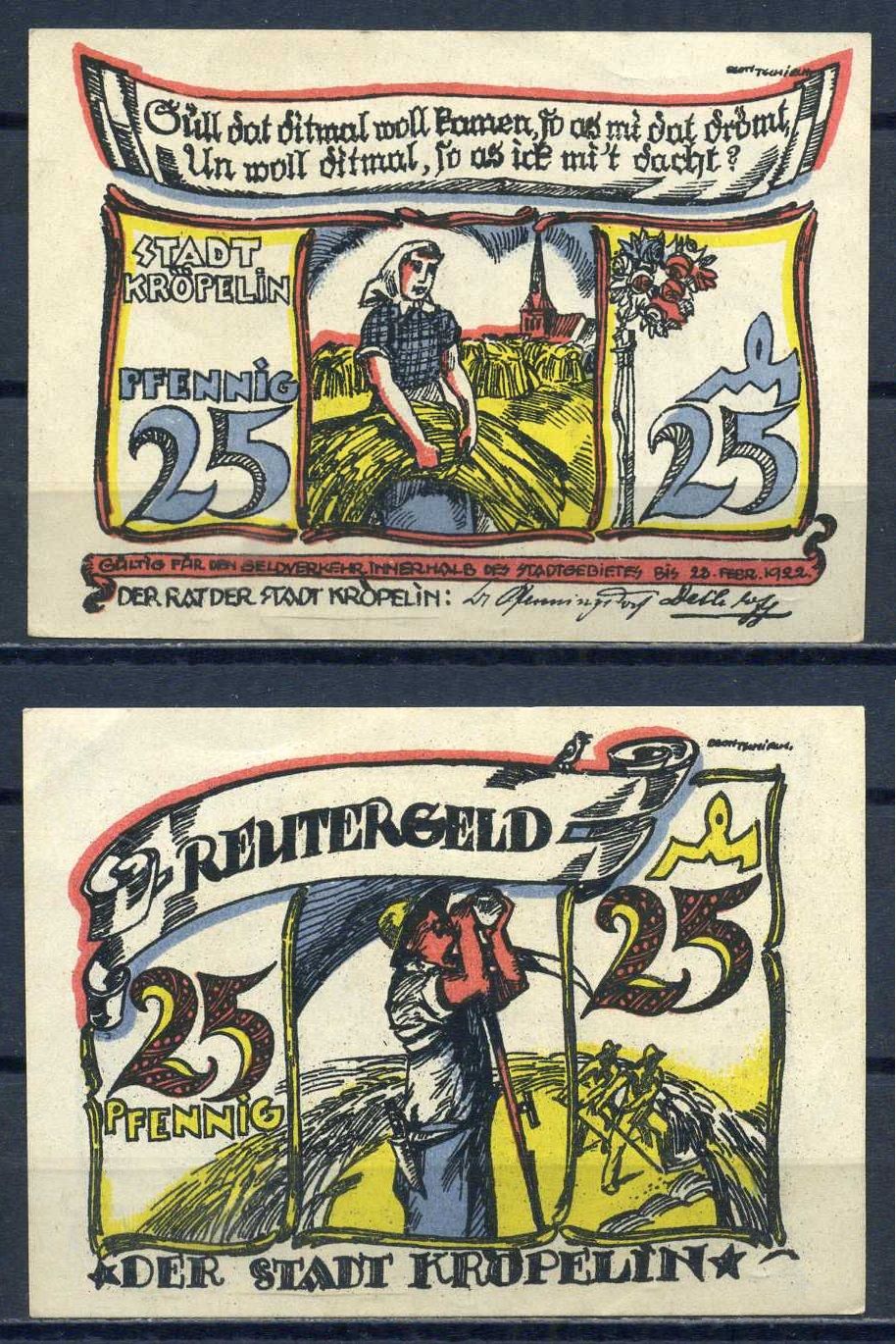 Крепелин (Мекленбург-Шверин, Германия) 25 пфеннигов 1922 бумага UNC (пресс) 7556-40-1-1