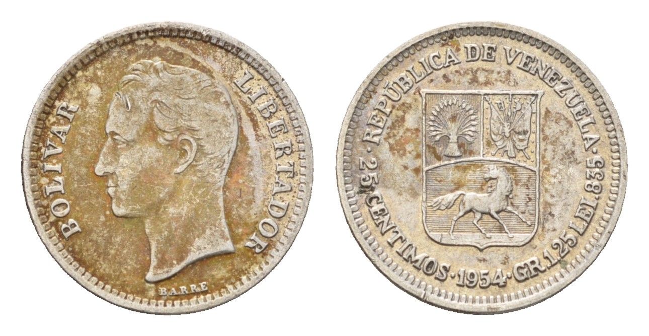 Венесуэла 25 сентимо 1954 Симон Боливар, год-тип Y 35 серебро 218-536