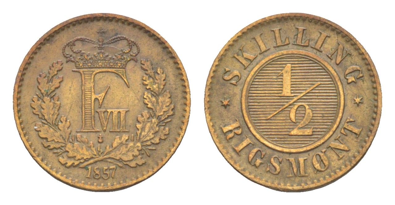 Дания 1/2 скиллинг-ригсмёнта 1857 Фредерик VII (1848-1863) KM 767 медь 603-735