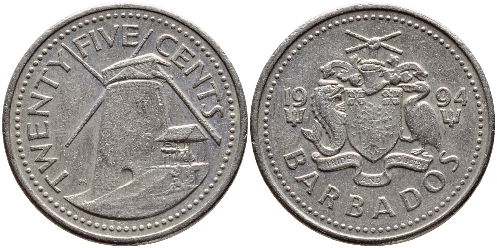 Барбадос 25 центов 1994 ветряная мельница Моргана Льюиса KM 13 медно-никель 4398-434