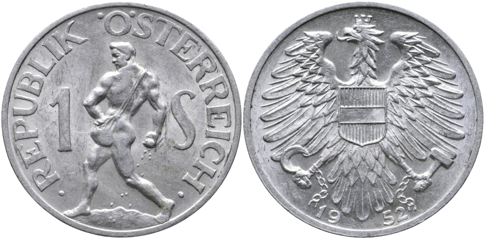 АВСТРИЯ 1 ШИЛЛИНГ 1952 KM 2871 алюминий 51-1813