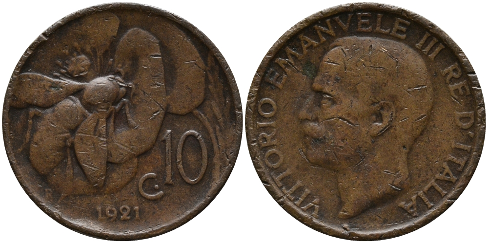 ИТАЛИЯ 10 ЧЕНТЕЗИМО 1921 R, МОНДВОР РИМ, ВИКТОР ЭММАНУИЛ III (1900-1946) KM 60 медь 76-933