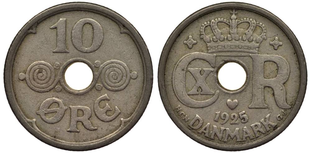 ДАНИЯ 10 ЭРЕ 1925 NCN; GJ, КРИСТИАН X (1912-1947) KM 822.1 медно-никель 4549-861