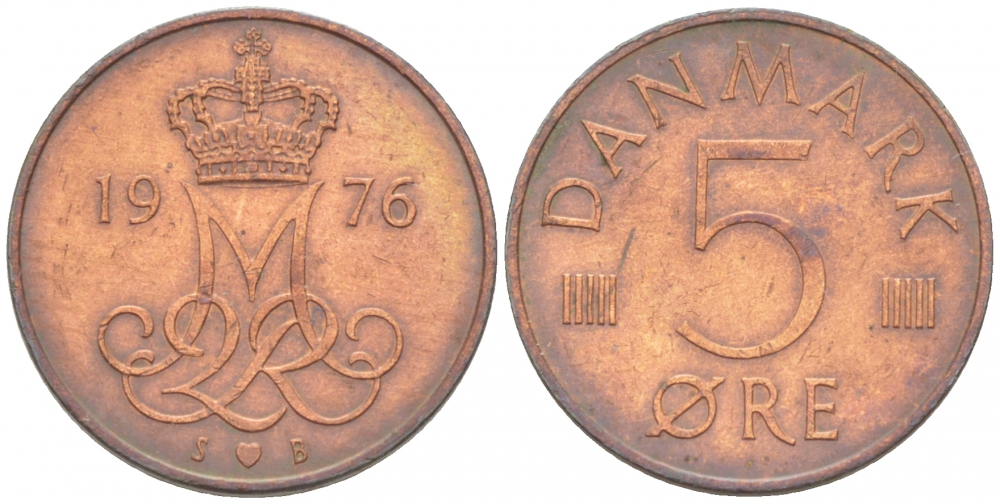 Дания 5 эре 1976 S; B, Маргрете II (1972- ) KM 859.1 железо плакированное медью 3309-123