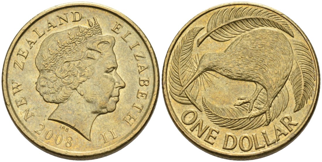 Новая Зеландия 1 доллар 2008 Елизавета II (1952-2022), птица киви  KM 120 алюминиевая бронза 56-1453