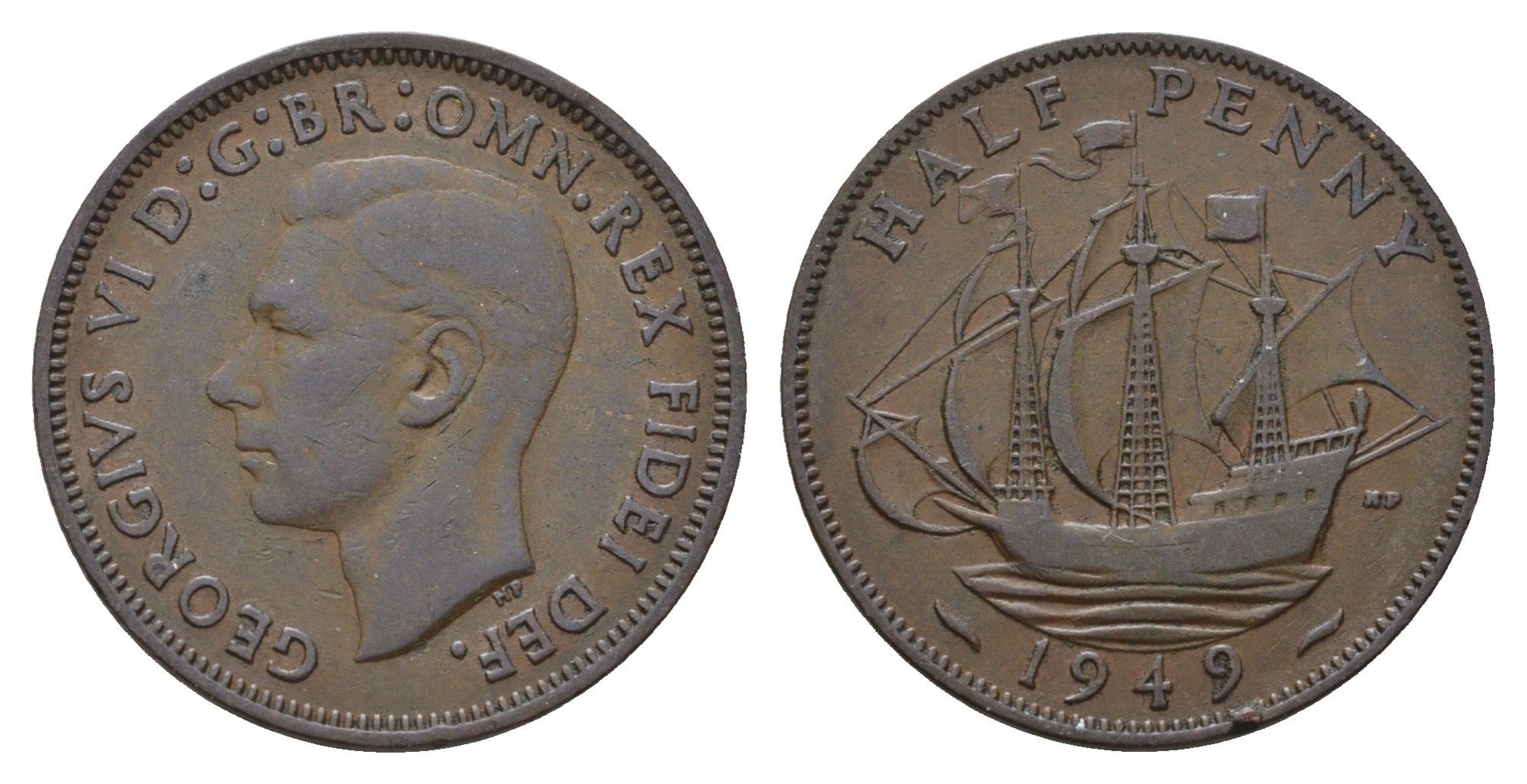 Великобритания 1/2 пенни 1949 Георг VI (1936-1952) KM 868, Spink 4118 бронза 4519-644