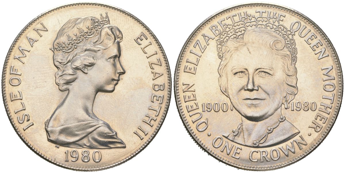 Остров Мэн 1 крона 1980 80 лет со дня рождения Королевы Матери KM 68 медно-никель BU 00-1067-3-14