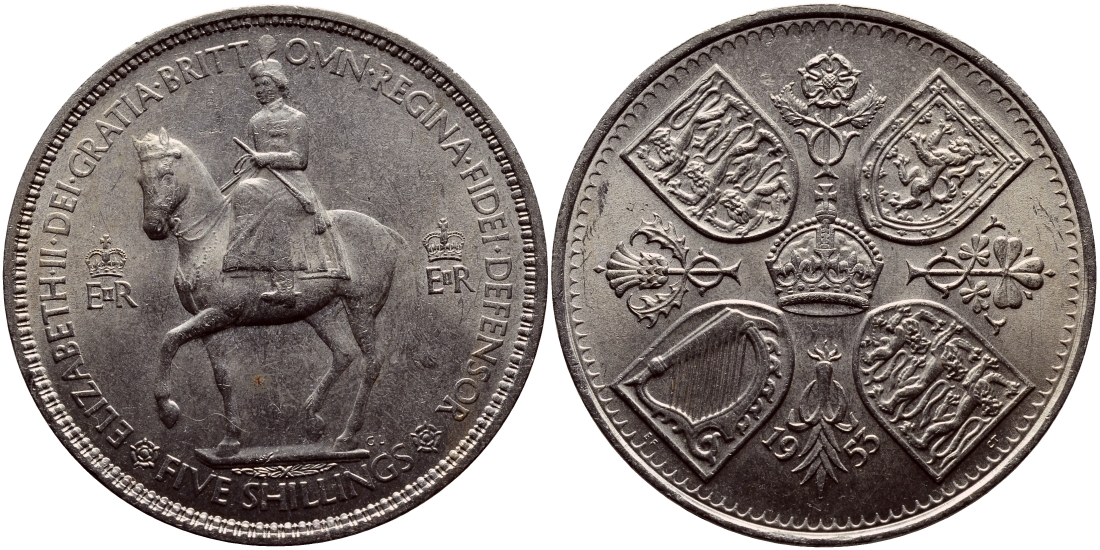 Великобритания 1 крона (5 шиллингов) 1953 коронация королевы Елизаветы, Елизавета II (1952-2022) Елизаветы KM 894, Spink 4136 медно-никель 4368-625
