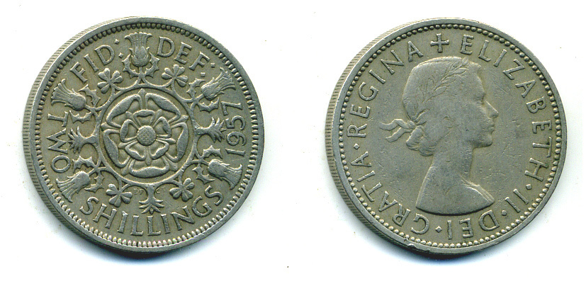 Великобритания 2 шиллинга (флорин) 1957 Елизавета II (1952-2022) KM 906, Spink 4146 медно-никель 89-1636